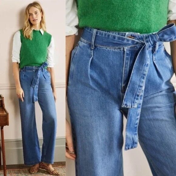 NEW Boden Denim Wide Leg Slouchy Jeans Belted Trouser Pants Vintage Blue 16/18 - Picture 1 of 12